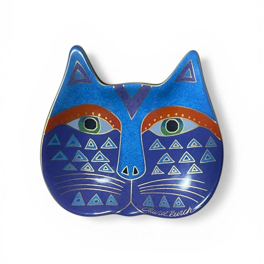 Laurel Burch Trio of Colorful Cat Face Trinket Dishes - Blue, Purple, Magenta
